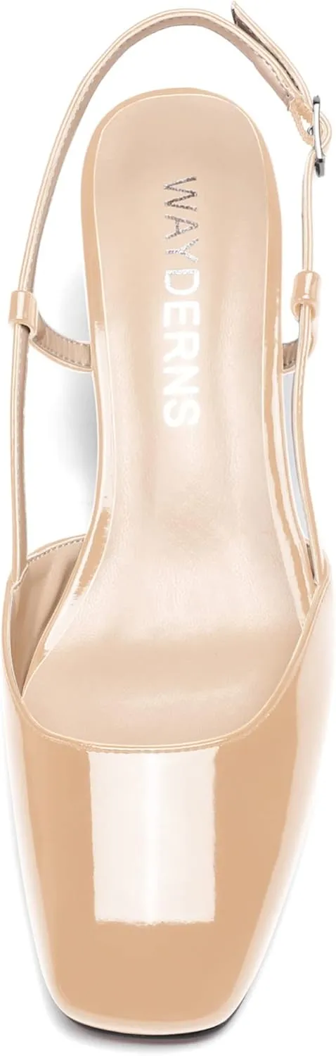 WAYDERNS Women's Ankle Strap Square Toe Block Patent Leather Slingback Chunky Low Heel Pumps Shoes 2 Inch