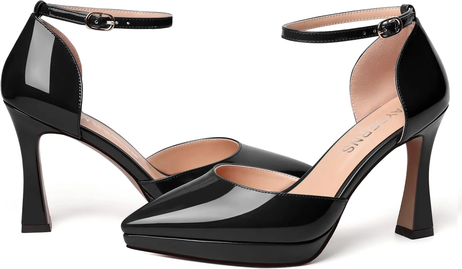 WAYDERNS Womens Fashion Platform Ankle Strap Pointed Toe Patent Party Buckle Spool High Heel Pumps Shoes 4 Inch