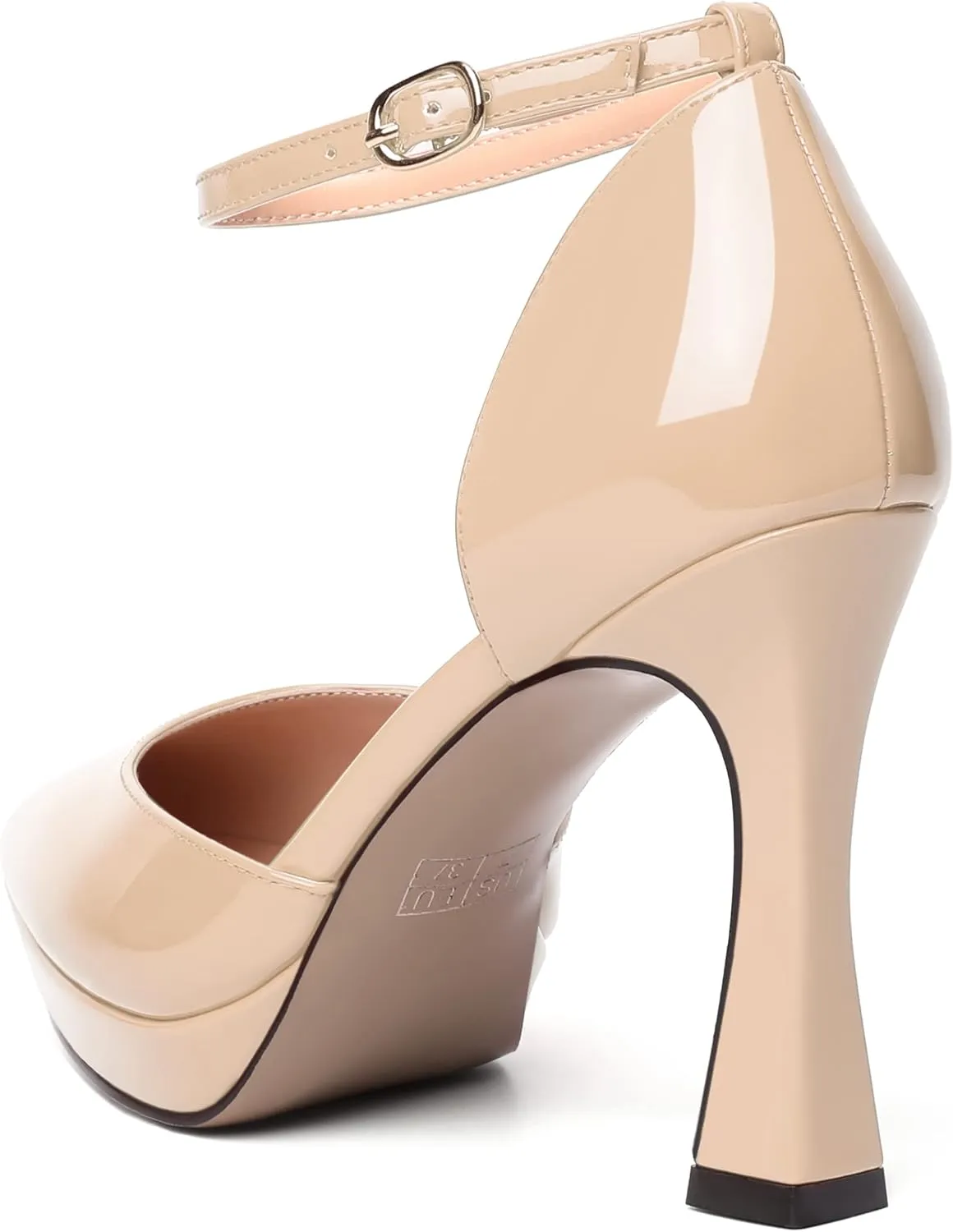 WAYDERNS Womens Fashion Platform Ankle Strap Pointed Toe Patent Party Buckle Spool High Heel Pumps Shoes 4 Inch