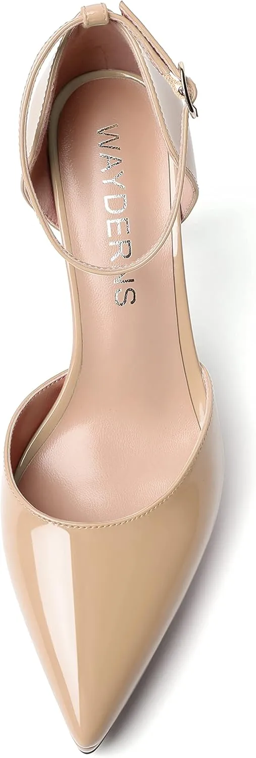 WAYDERNS Womens Fashion Platform Ankle Strap Pointed Toe Patent Party Buckle Spool High Heel Pumps Shoes 4 Inch