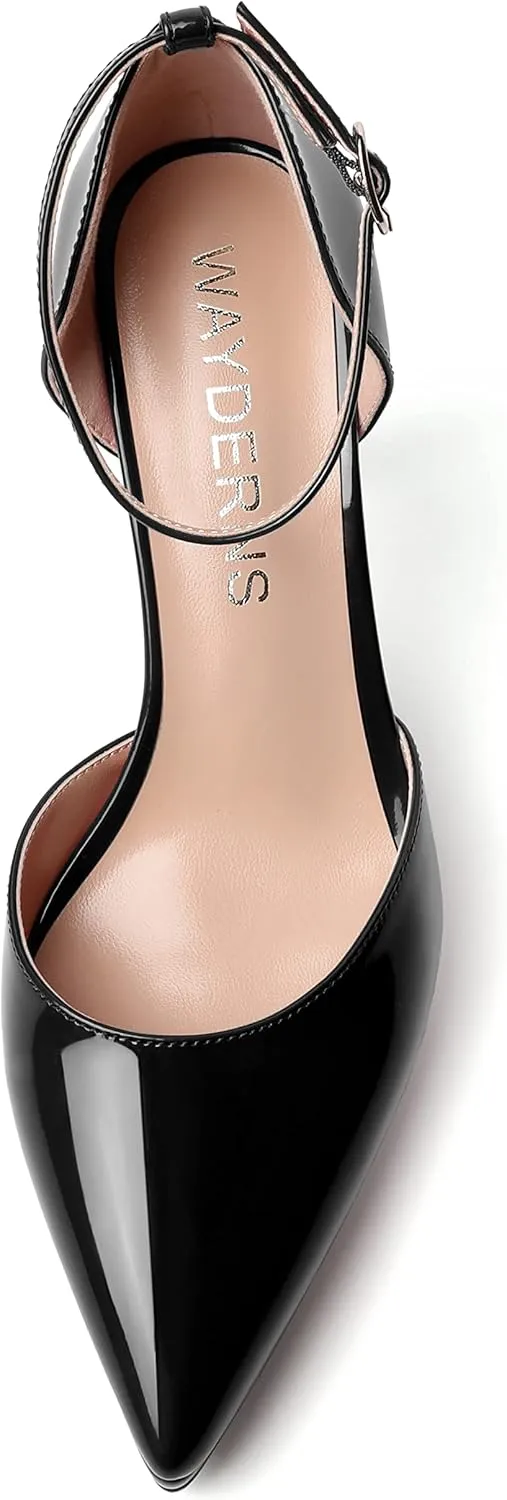 WAYDERNS Womens Fashion Platform Ankle Strap Pointed Toe Patent Party Buckle Spool High Heel Pumps Shoes 4 Inch