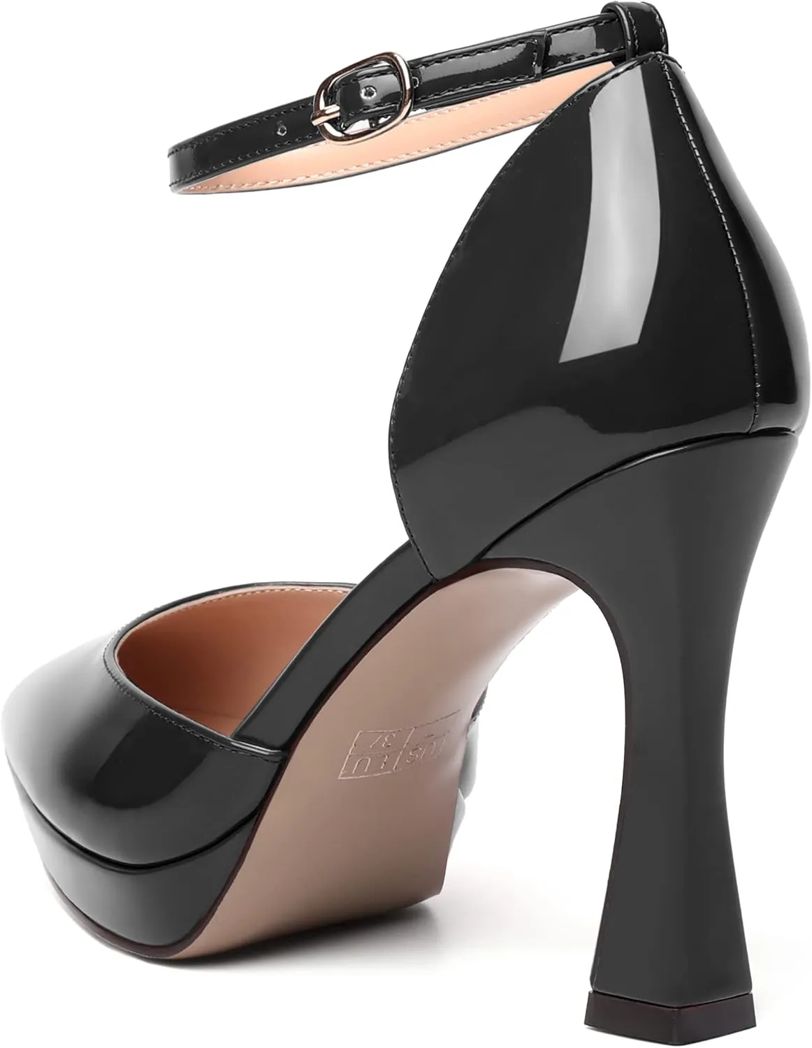 WAYDERNS Womens Fashion Platform Ankle Strap Pointed Toe Patent Party Buckle Spool High Heel Pumps Shoes 4 Inch