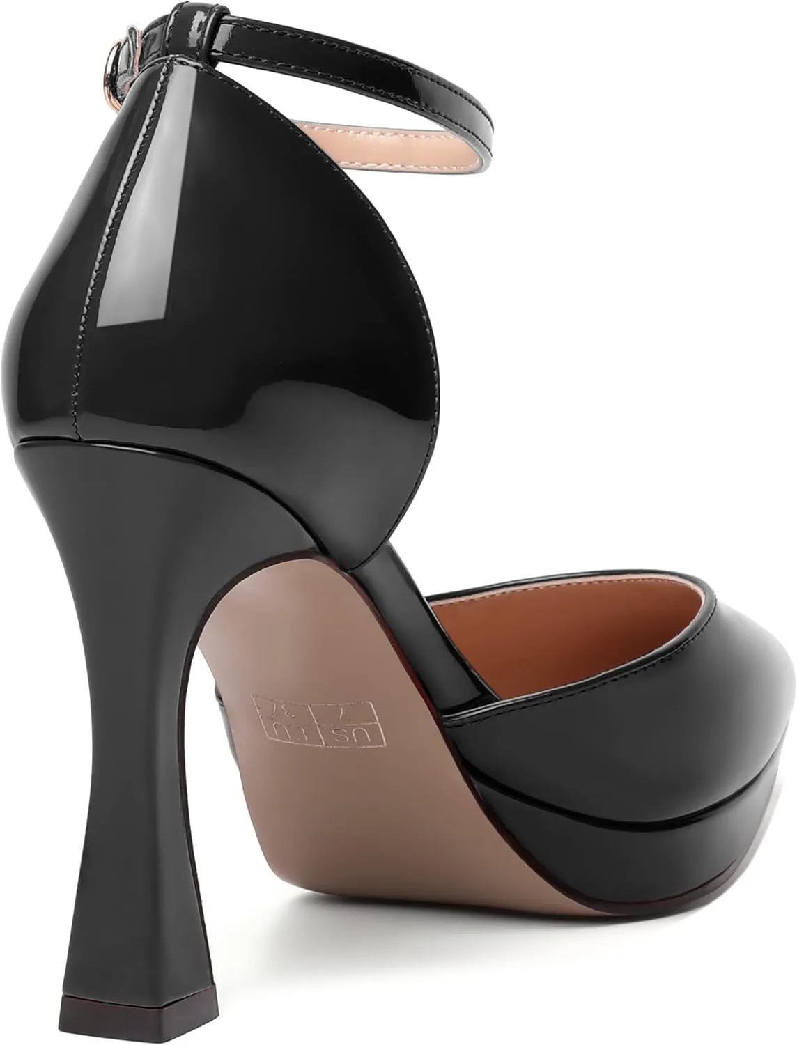 WAYDERNS Womens Fashion Platform Ankle Strap Pointed Toe Patent Party Buckle Spool High Heel Pumps Shoes 4 Inch