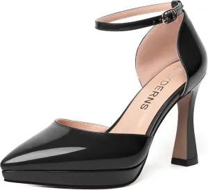 WAYDERNS Womens Fashion Platform Ankle Strap Pointed Toe Patent Party Buckle Spool High Heel Pumps Shoes 4 Inch