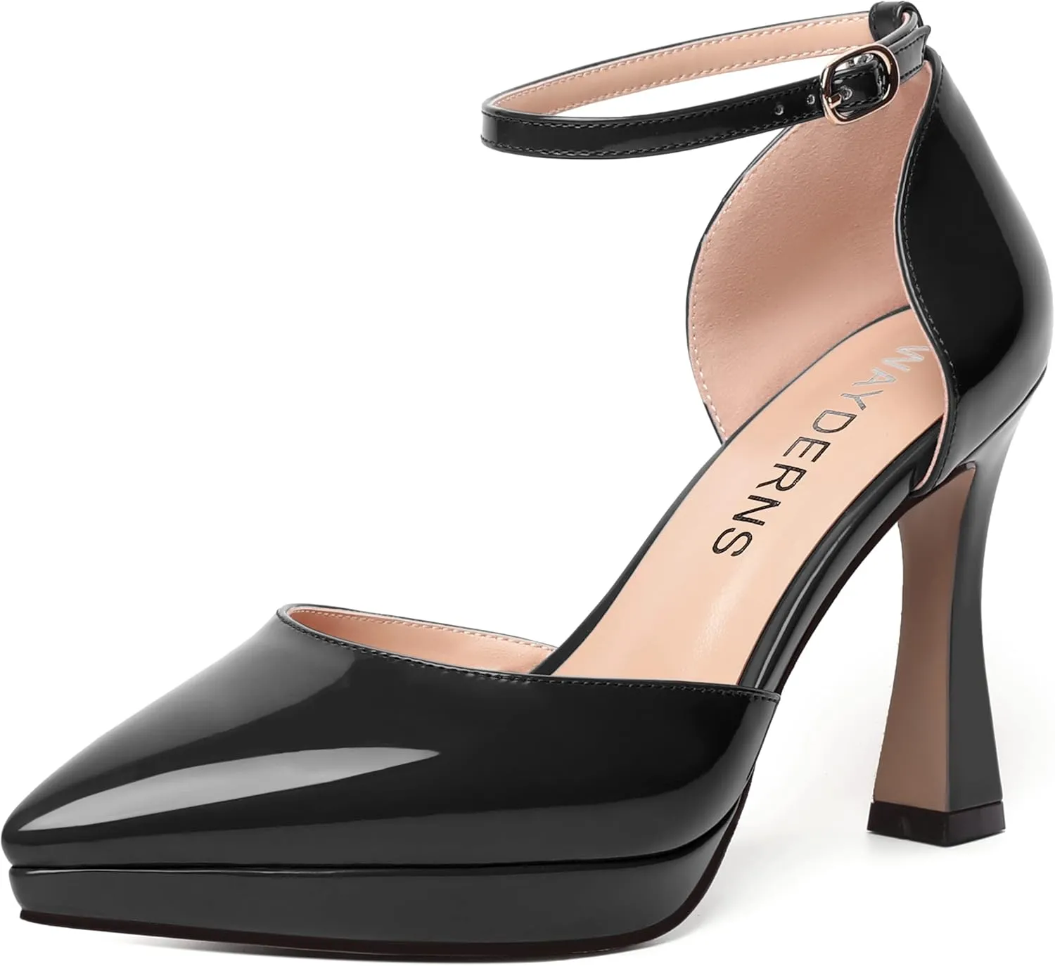WAYDERNS Womens Fashion Platform Ankle Strap Pointed Toe Patent Party Buckle Spool High Heel Pumps Shoes 4 Inch