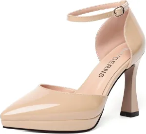 WAYDERNS Womens Fashion Platform Ankle Strap Pointed Toe Patent Party Buckle Spool High Heel Pumps Shoes 4 Inch