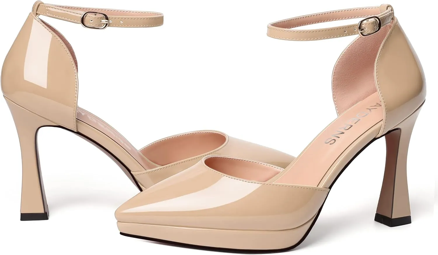 WAYDERNS Womens Fashion Platform Ankle Strap Pointed Toe Patent Party Buckle Spool High Heel Pumps Shoes 4 Inch