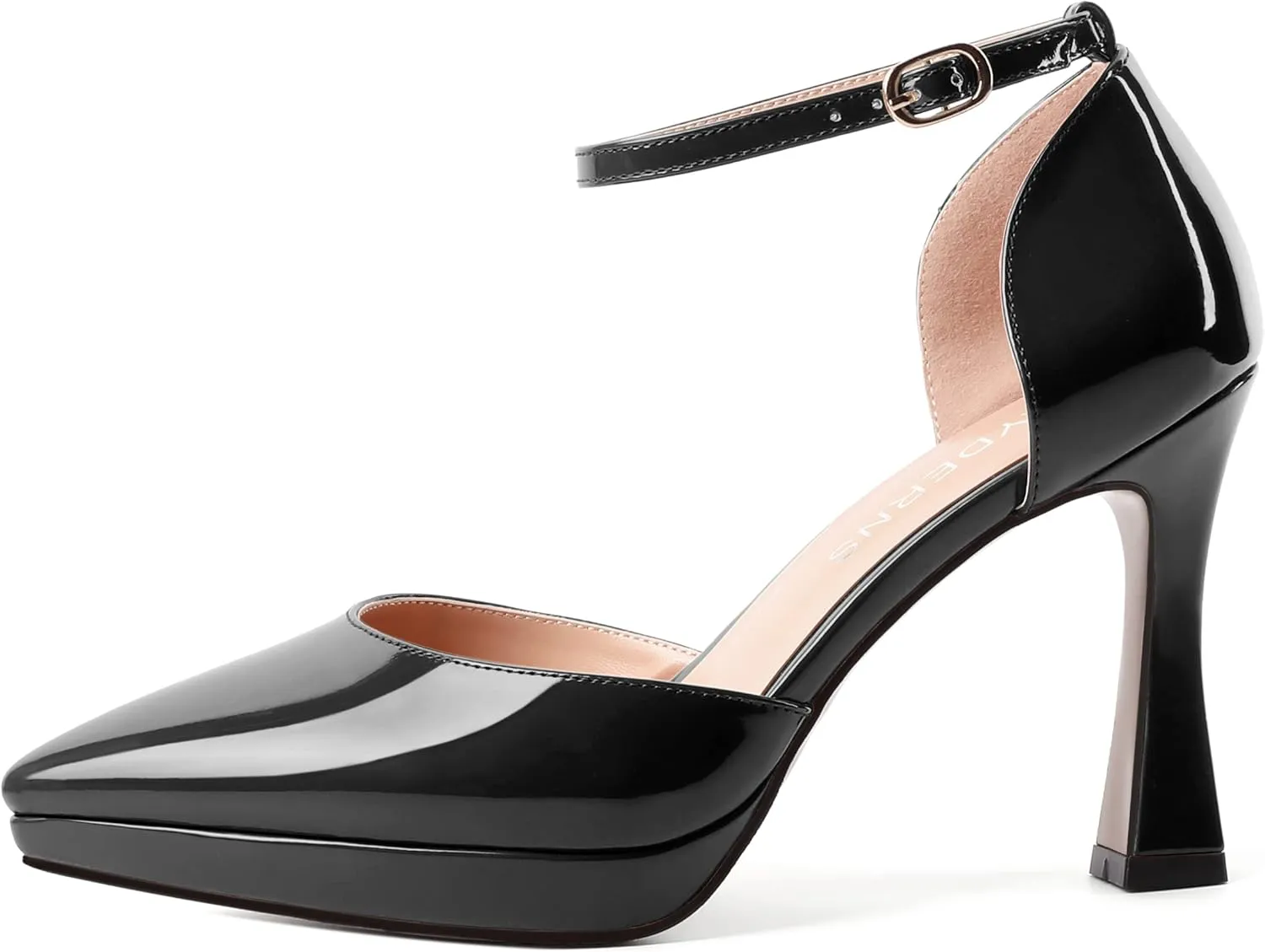 WAYDERNS Womens Fashion Platform Ankle Strap Pointed Toe Patent Party Buckle Spool High Heel Pumps Shoes 4 Inch