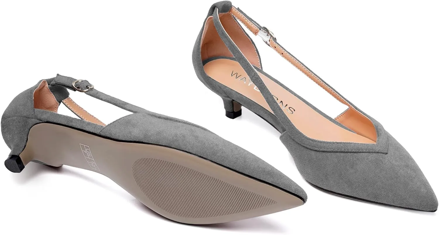 WAYDERNS Womens Pointed Toe Adjustable Strap Dress Wedding Solid Suede Buckle Kitten Low Heel Pumps Shoes 1.5 Inch