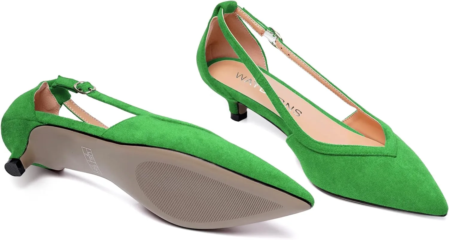 WAYDERNS Womens Pointed Toe Adjustable Strap Dress Wedding Solid Suede Buckle Kitten Low Heel Pumps Shoes 1.5 Inch