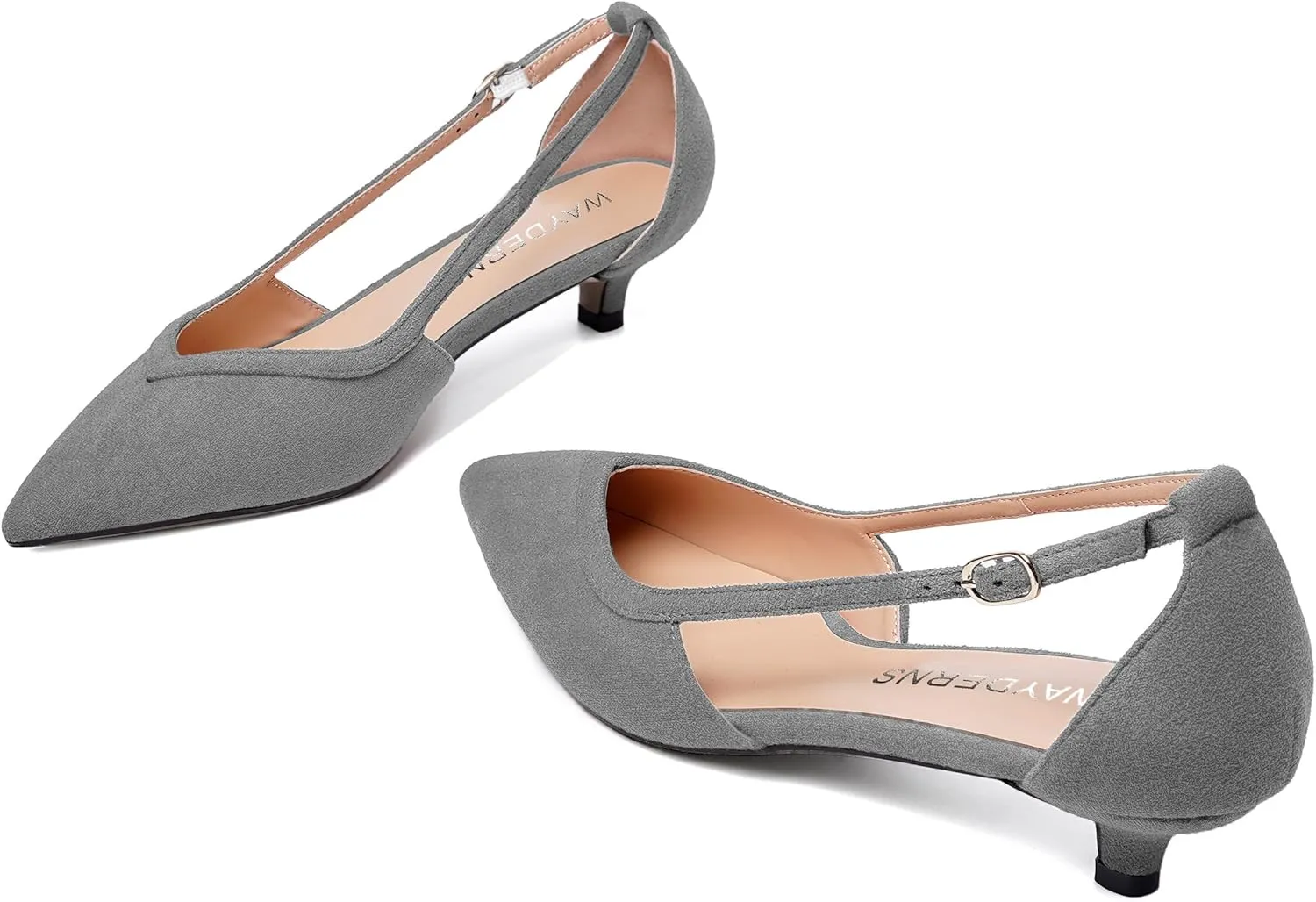 WAYDERNS Womens Pointed Toe Adjustable Strap Dress Wedding Solid Suede Buckle Kitten Low Heel Pumps Shoes 1.5 Inch