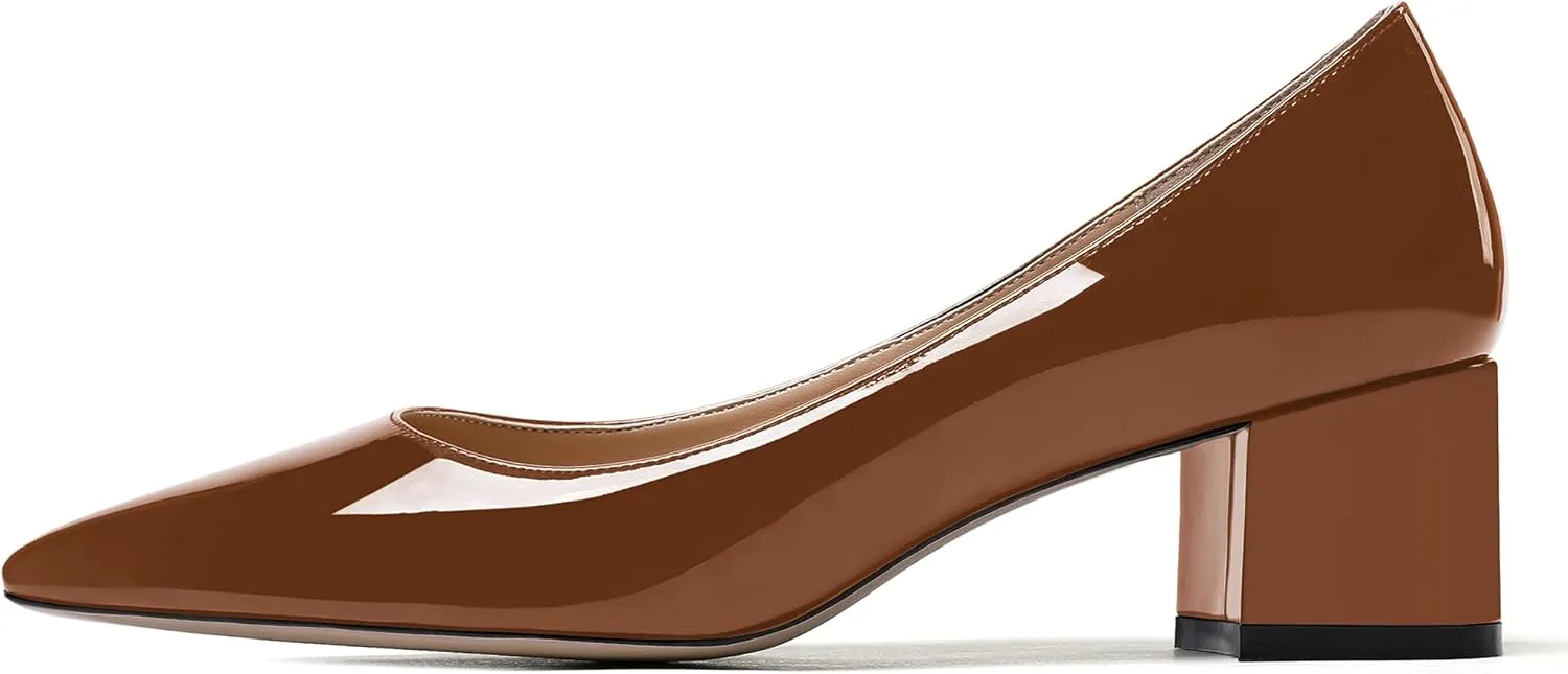 WAYDERNS Women's Pointed Toe Patent Leather Slip On Chunky Low Heel Pumps Office Work Dress Court Shoes 2 Inch