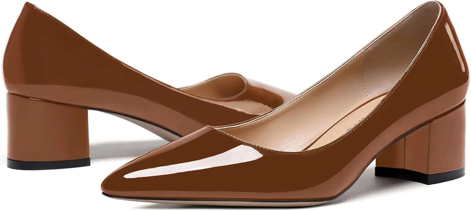 WAYDERNS Women's Pointed Toe Patent Leather Slip On Chunky Low Heel Pumps Office Work Dress Court Shoes 2 Inch
