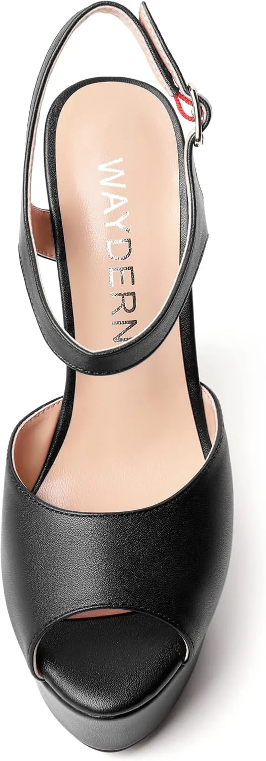 WAYDERNS Womens Solid Slingback Ankle Strap Matte Fashion Buckle Evening Peep Toe Platform Wedge High Heel Pumps Shoes 6 Inch