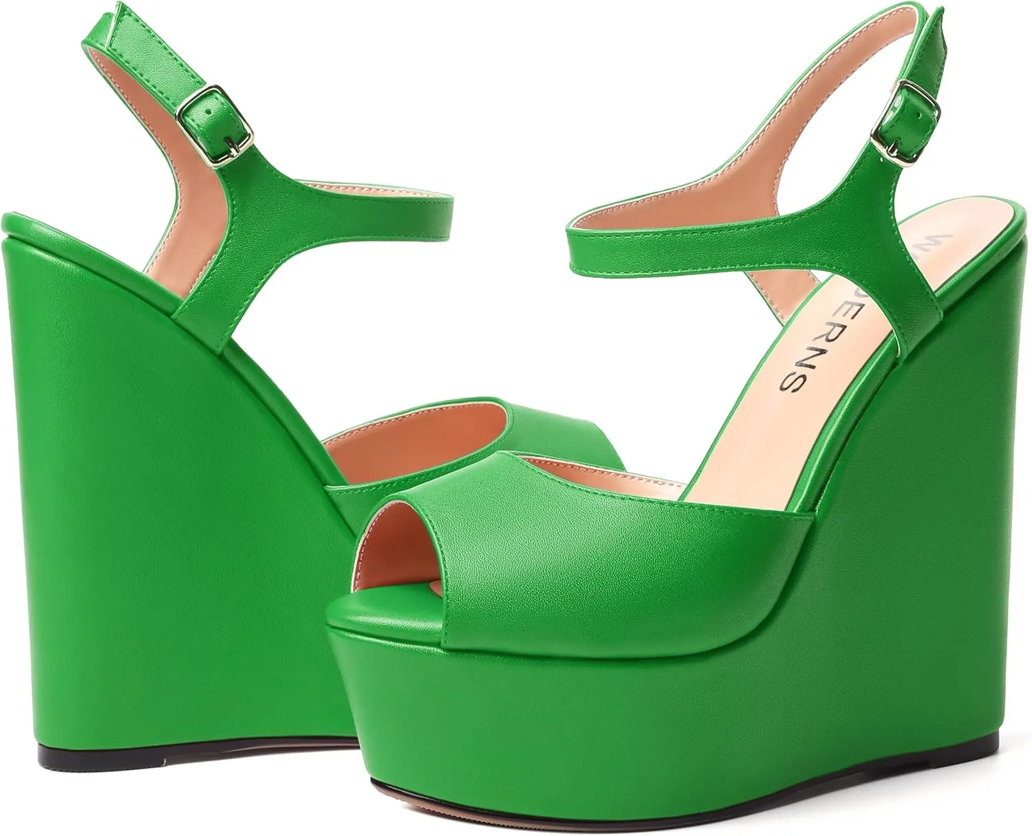 WAYDERNS Womens Solid Slingback Ankle Strap Matte Fashion Buckle Evening Peep Toe Platform Wedge High Heel Pumps Shoes 6 Inch