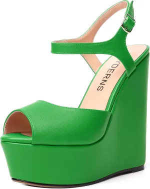 WAYDERNS Womens Solid Slingback Ankle Strap Matte Fashion Buckle Evening Peep Toe Platform Wedge High Heel Pumps Shoes 6 Inch