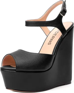 WAYDERNS Womens Solid Slingback Ankle Strap Matte Fashion Buckle Evening Peep Toe Platform Wedge High Heel Pumps Shoes 6 Inch