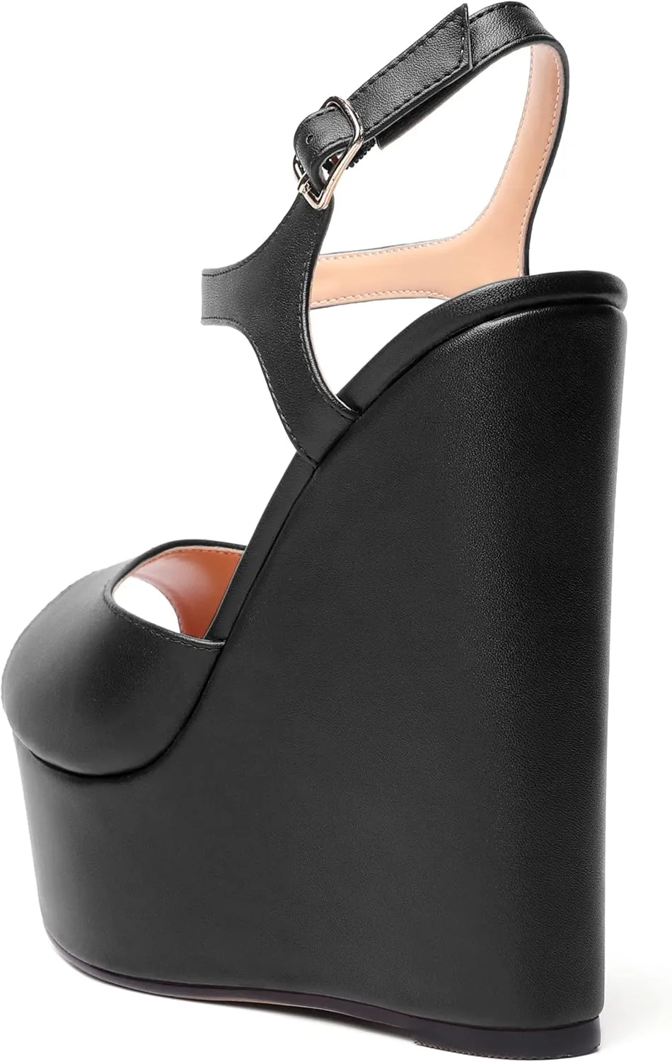 WAYDERNS Womens Solid Slingback Ankle Strap Matte Fashion Buckle Evening Peep Toe Platform Wedge High Heel Pumps Shoes 6 Inch