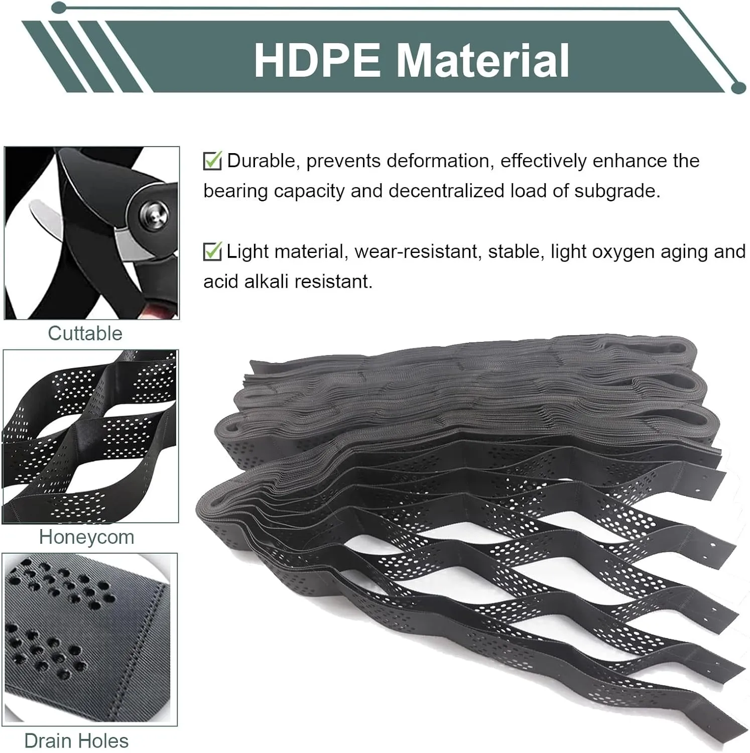 WDJBPSH Black Ground Grid for Garden/Driveway/Parking, Heavy - Duty Subgrade Reinforcemen/Slope Protection Geogrid, Honeycomb Expandable Support Mesh(1x2m)