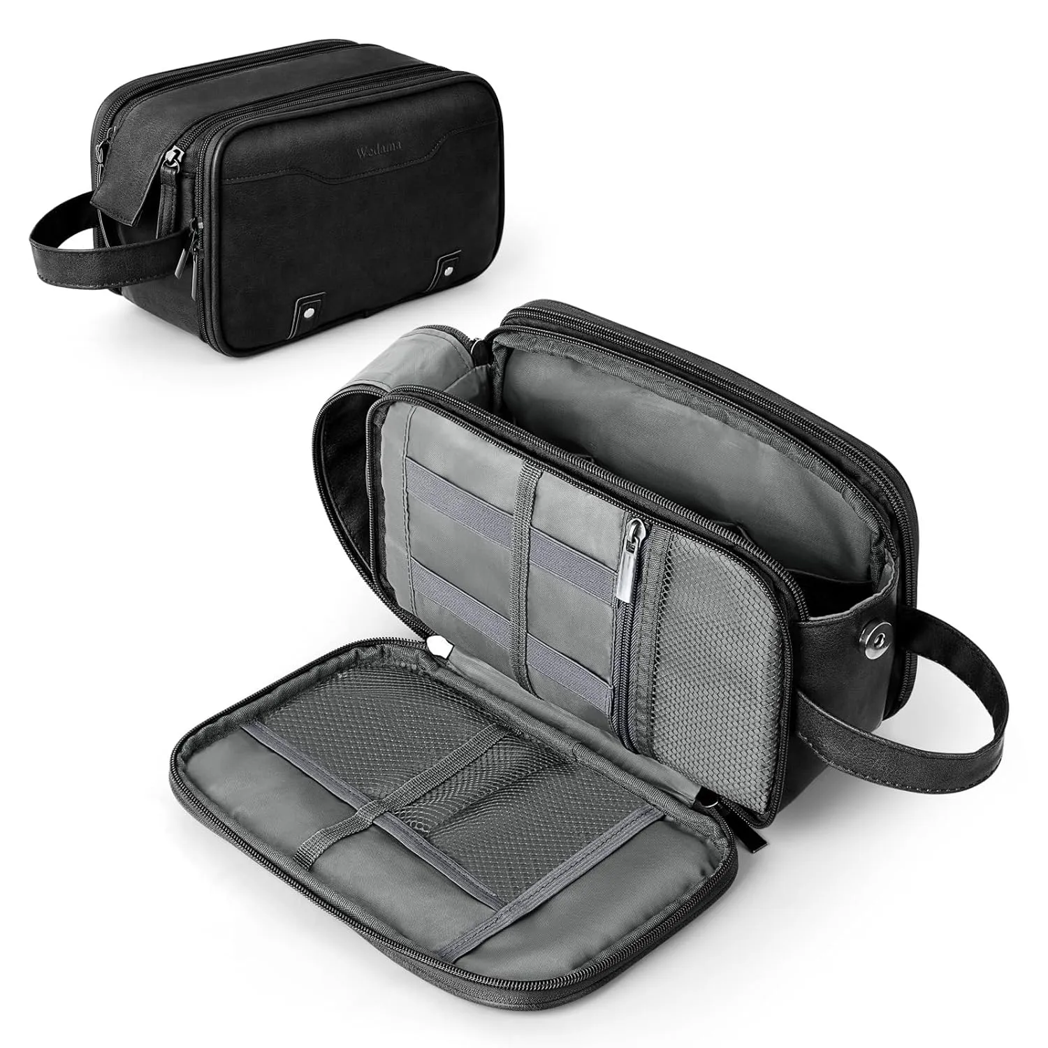 Wedama Toiletry Bag for Men, PU Leather Travel Toiletry Bag with Electronic Organizer Bag Hanging Travel Shaving Bag for Toiletries, Waterproof Dopp Kit for Business Trips Swim Camping, Black