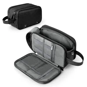 Wedama Toiletry Bag for Men, PU Leather Travel Toiletry Bag with Electronic Organizer Bag Hanging Travel Shaving Bag for Toiletries, Waterproof Dopp Kit for Business Trips Swim Camping, Black