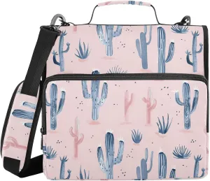Western Blue Pink Cactus Zipper Binder with Shoulder Strap Trapper Keeper 3 Ring Binder Organizer Large Capacity Multiple Compartments for School Office