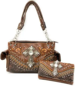 Western Embroidered Rhinestone Cross Purse Handbag Wallet Set in 2 Colors