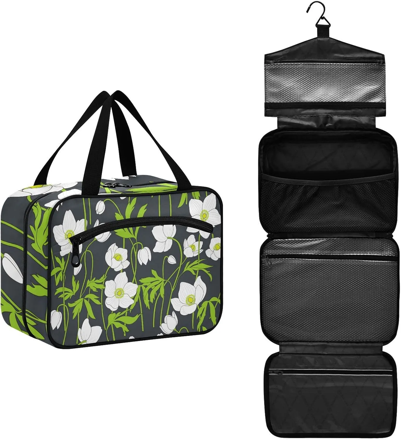 White Anemones Flowers Green Leaves Toiletry Bag for Traveling Large Capacity Hanging Travel Bag for Women - Large