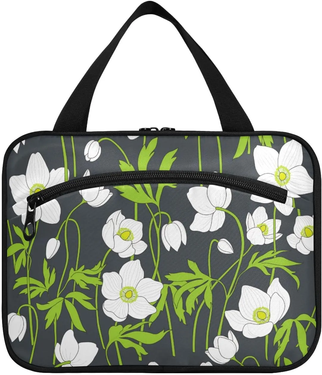 White Anemones Flowers Green Leaves Toiletry Bag for Traveling Large Capacity Hanging Travel Bag for Women - Large