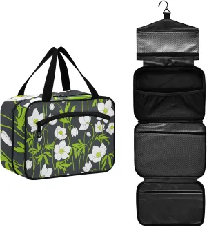 White Anemones Flowers Green Leaves Toiletry Bag for Traveling Large Capacity Hanging Travel Bag for Women - Large