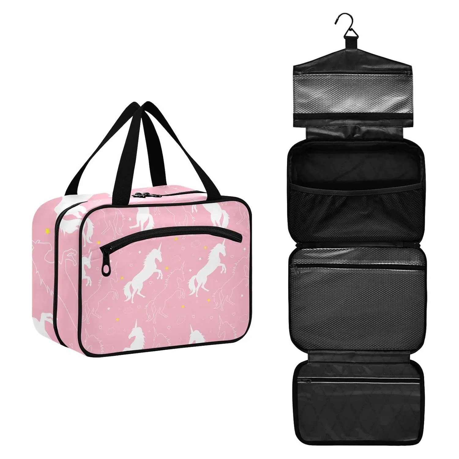 White Cartoon Unicorn with Stars and Cloud and Hearts on Pink 1 PC Hanging Travel Wash bag with Handles, Portable Makeup Organizer Brush Storage Case Portable Travel Cosmetic with Hook M