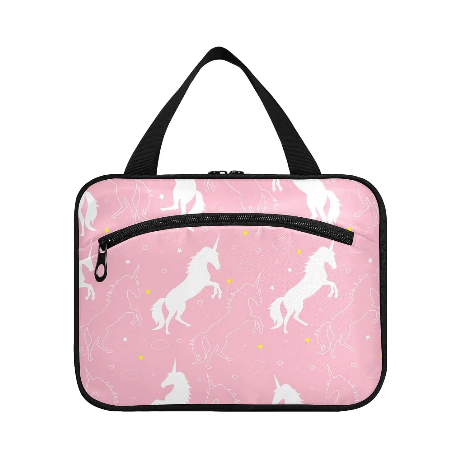 White Cartoon Unicorn with Stars and Cloud and Hearts on Pink 1 PC Hanging Travel Wash bag with Handles, Portable Makeup Organizer Brush Storage Case Portable Travel Cosmetic with Hook M