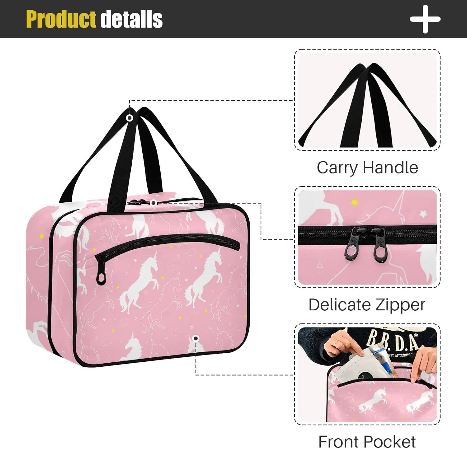 White Cartoon Unicorn with Stars and Cloud and Hearts on Pink 1 PC Hanging Travel Wash bag with Handles, Portable Makeup Organizer Brush Storage Case Portable Travel Cosmetic with Hook M