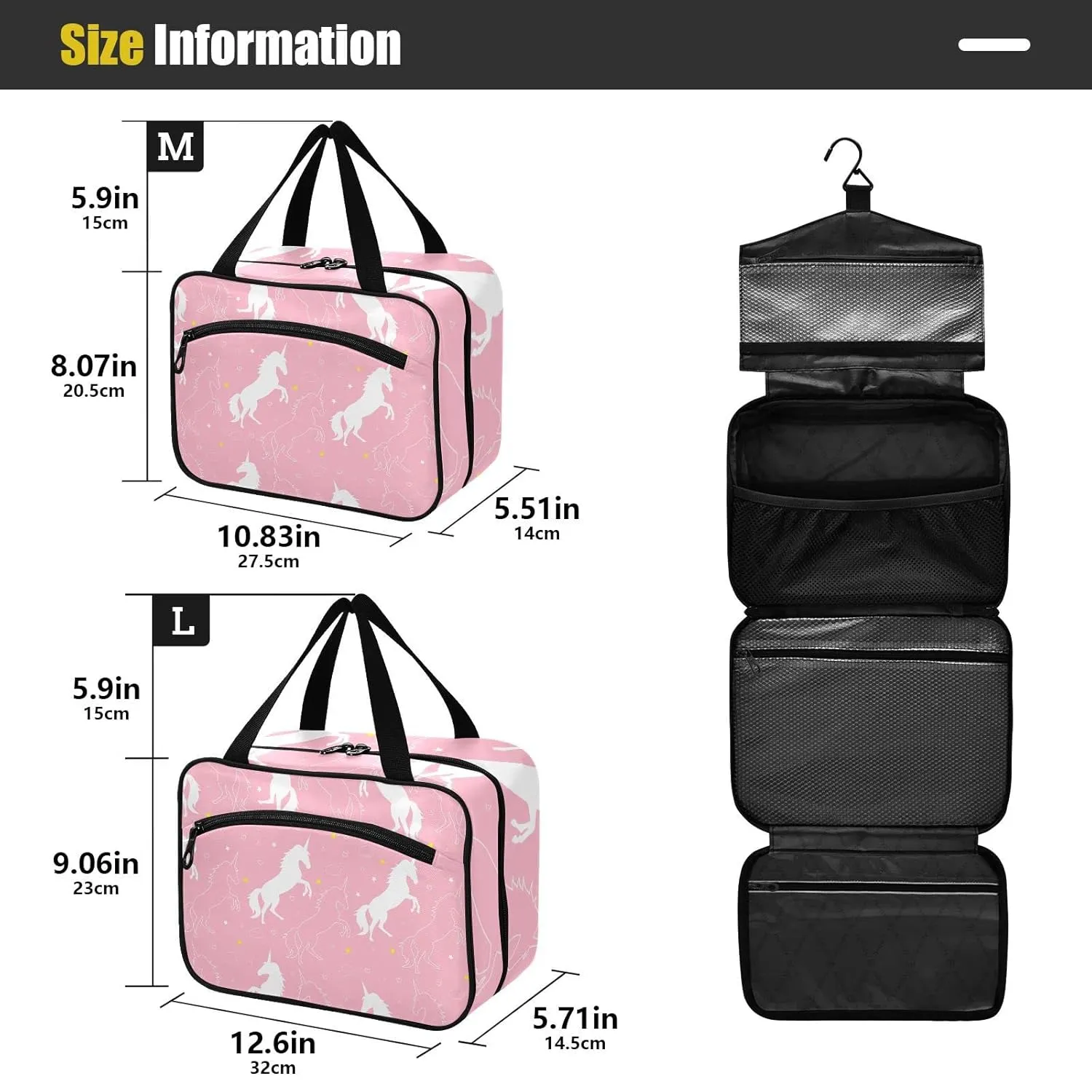 White Cartoon Unicorn with Stars and Cloud and Hearts on Pink 1 PC Hanging Travel Wash bag with Handles, Portable Makeup Organizer Brush Storage Case Portable Travel Cosmetic with Hook M