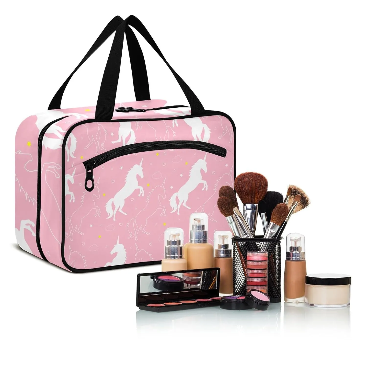 White Cartoon Unicorn with Stars and Cloud and Hearts on Pink 1 PC Hanging Travel Wash bag with Handles, Portable Makeup Organizer Brush Storage Case Portable Travel Cosmetic with Hook M