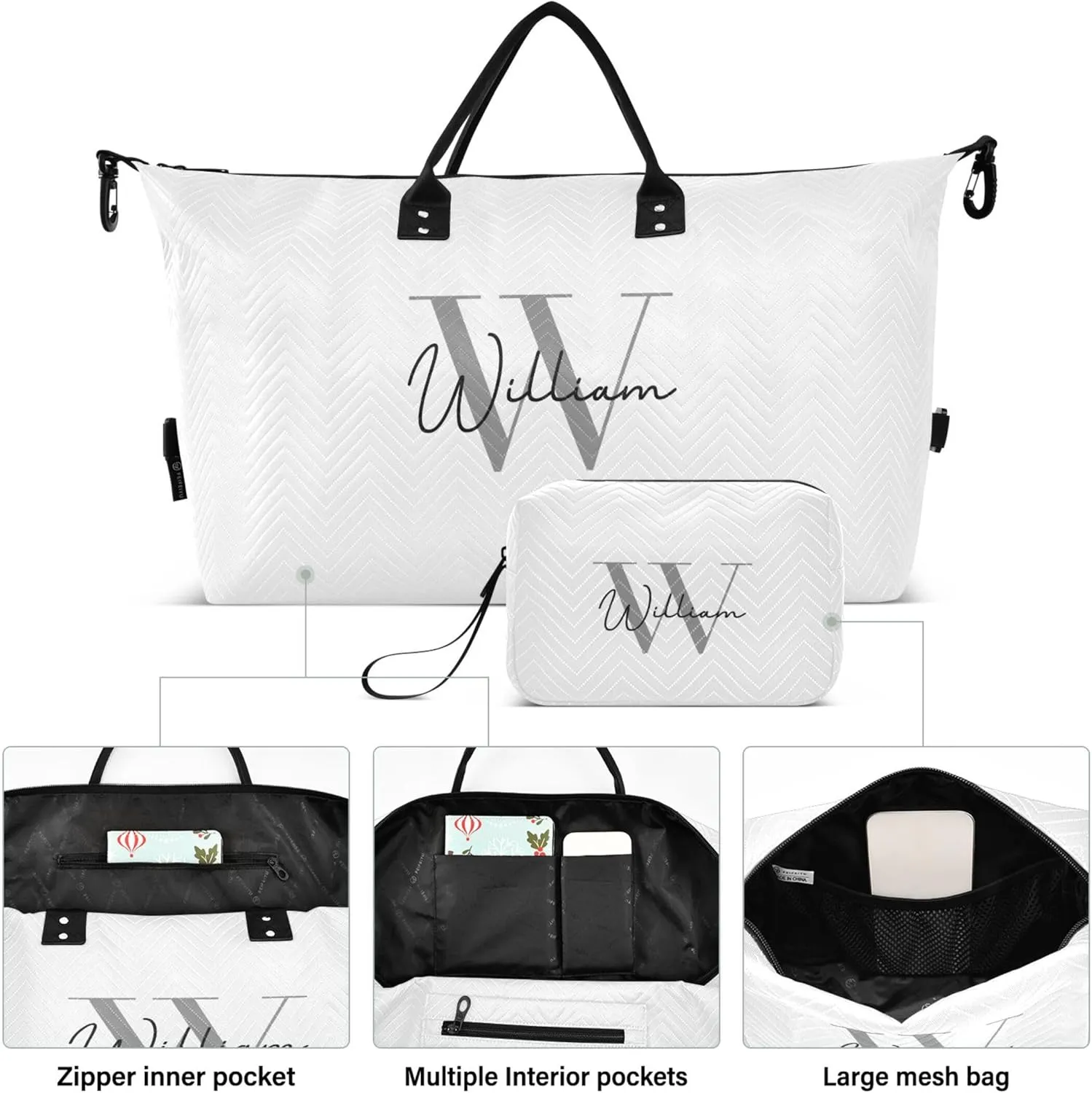 White Custom Travel Duffel Bag with Toiletry Bag Personalized Weekender Bag for Travel Sports Trips Large Carry On Overnight Bag for Women & Men