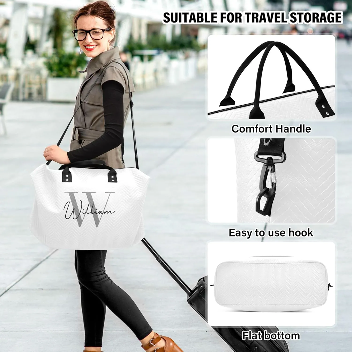 White Custom Travel Duffel Bag with Toiletry Bag Personalized Weekender Bag for Travel Sports Trips Large Carry On Overnight Bag for Women & Men