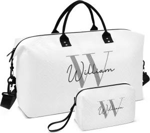 White Custom Travel Duffel Bag with Toiletry Bag Personalized Weekender Bag for Travel Sports Trips Large Carry On Overnight Bag for Women & Men