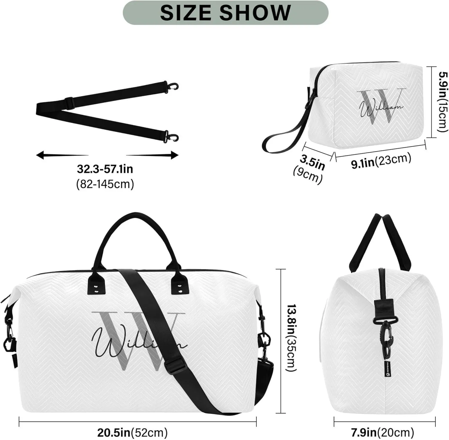 White Custom Travel Duffel Bag with Toiletry Bag Personalized Weekender Bag for Travel Sports Trips Large Carry On Overnight Bag for Women & Men