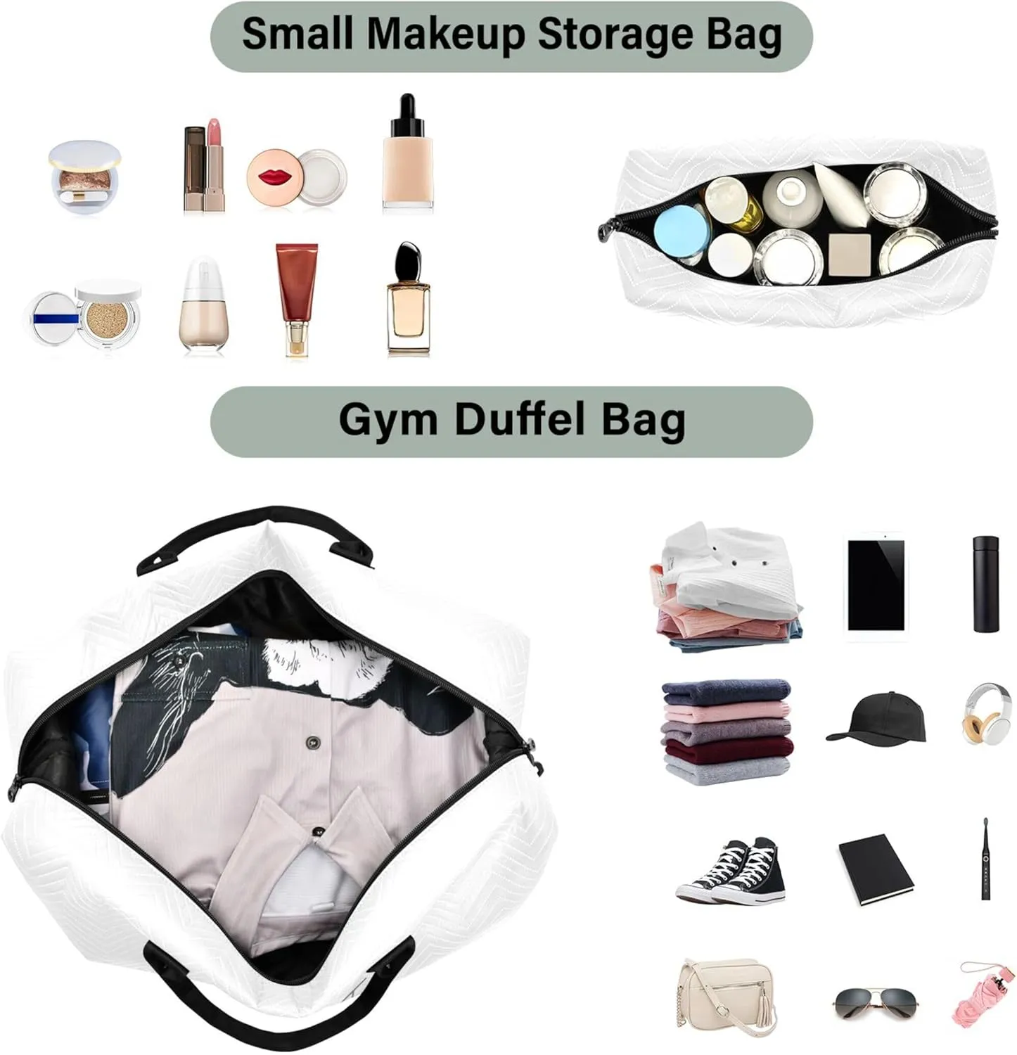 White Custom Travel Duffel Bag with Toiletry Bag Personalized Weekender Bag for Travel Sports Trips Large Carry On Overnight Bag for Women & Men