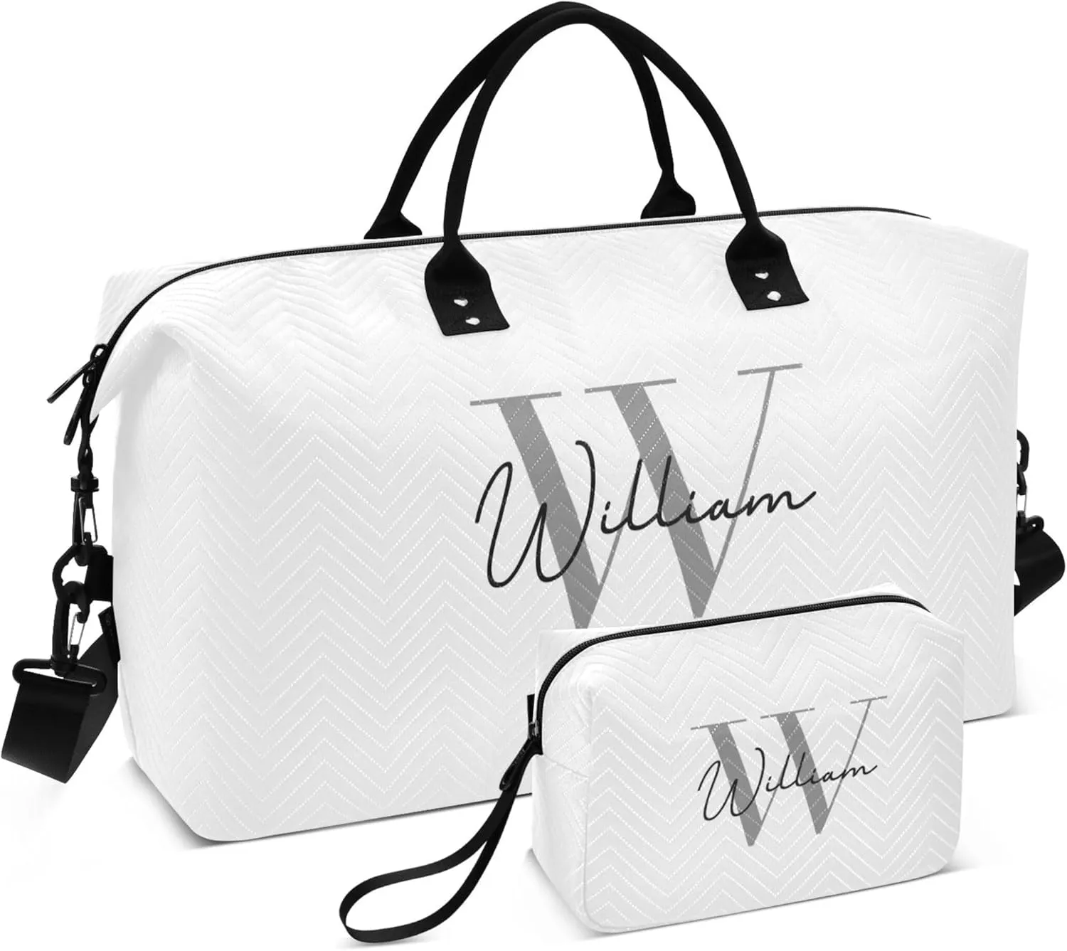 White Custom Travel Duffel Bag with Toiletry Bag Personalized Weekender Bag for Travel Sports Trips Large Carry On Overnight Bag for Women & Men