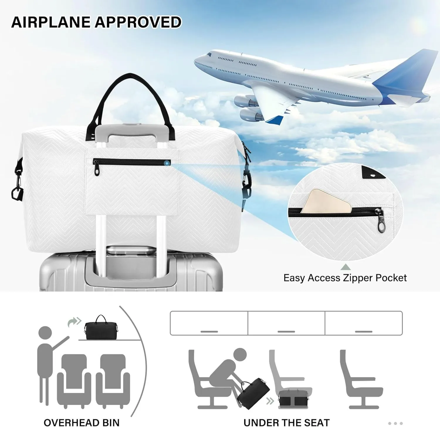 White Custom Travel Duffel Bag with Toiletry Bag Personalized Weekender Bag for Travel Sports Trips Large Carry On Overnight Bag for Women & Men