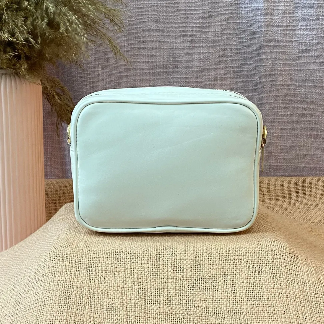 White Dual Compartment Sling Bag with Pink & Mint Diamond Belt   Big Wallet