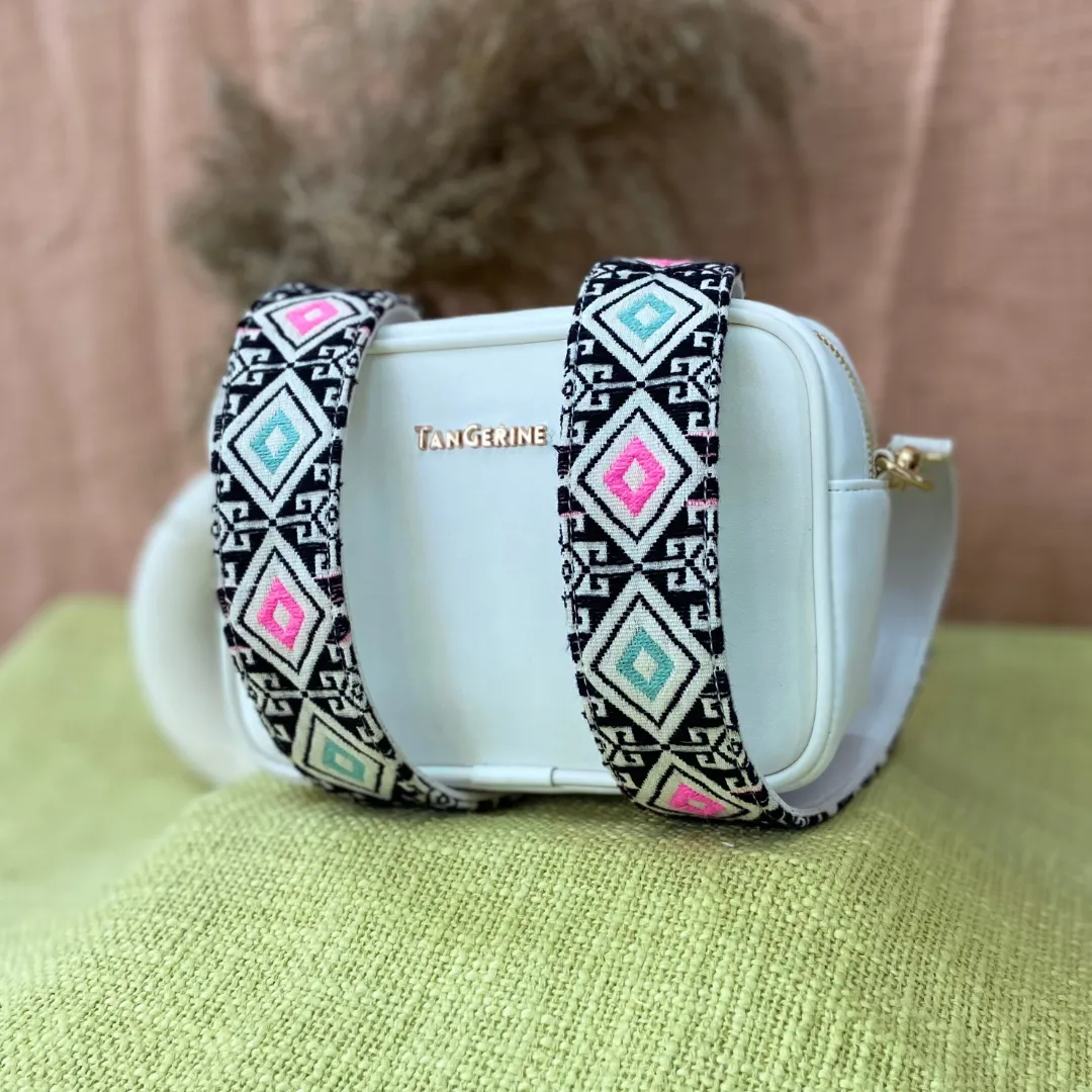 White Dual Compartment Sling Bag with Pink & Mint Diamond Belt   Big Wallet