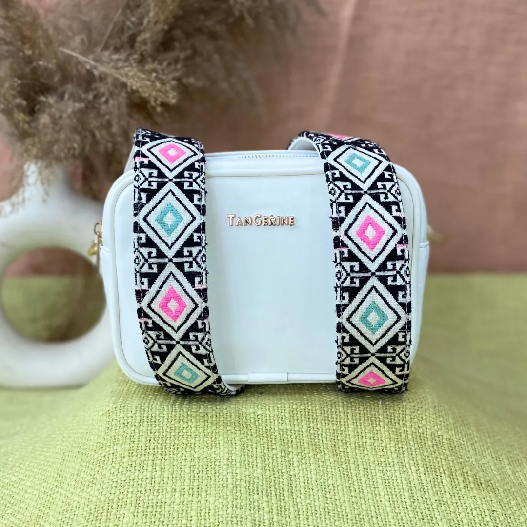 White Dual Compartment Sling Bag with Pink & Mint Diamond Belt   Big Wallet