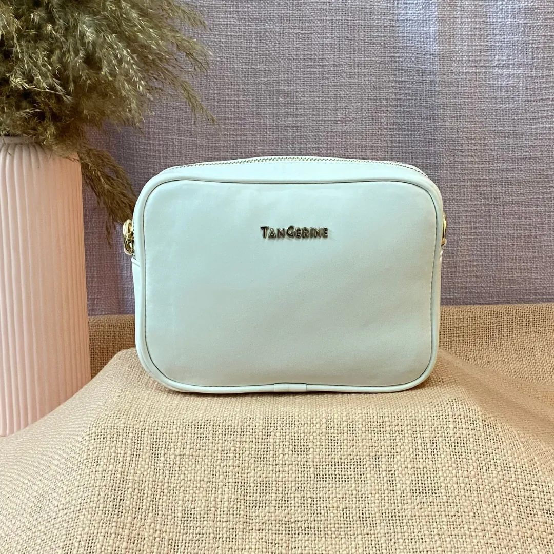 White Dual Compartment Sling Bag with Pink & Mint Diamond Belt   Big Wallet
