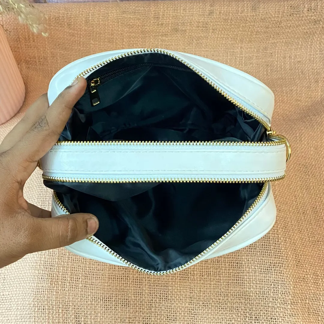 White Dual Compartment Sling Bag with Pink & Mint Diamond Belt   Big Wallet