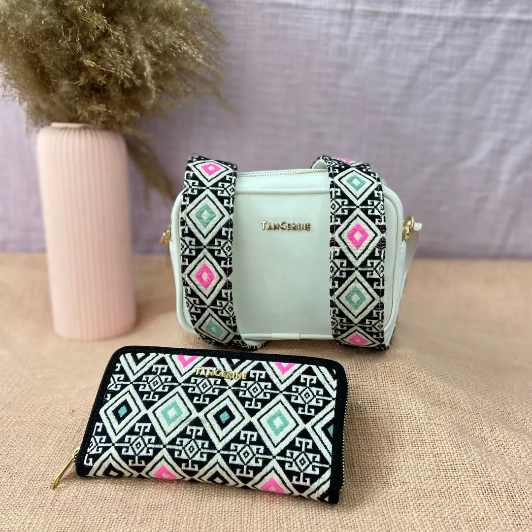 White Dual Compartment Sling Bag with Pink & Mint Diamond Belt   Big Wallet