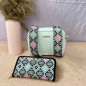 White Dual Compartment Sling Bag with Pink & Mint Diamond Belt   Big Wallet