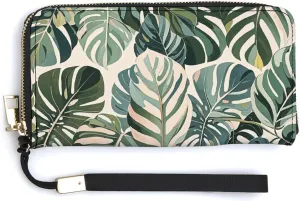 White Ed Tropical Botanical Leaves Wristlet Long Wallet Womens Purse Zip Clutch Large Capacity Leather Purse Credit Coin Purse